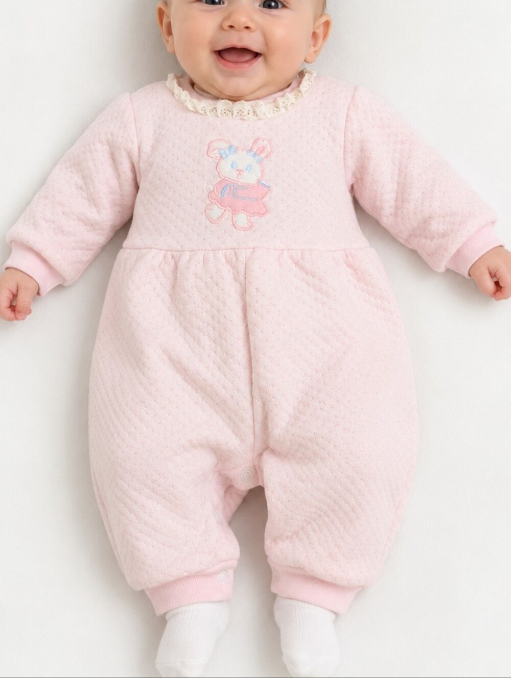 Small Steps for Newborns Pink Quilted Bunny One-Piece Sleeper Romper | 3–6 Month